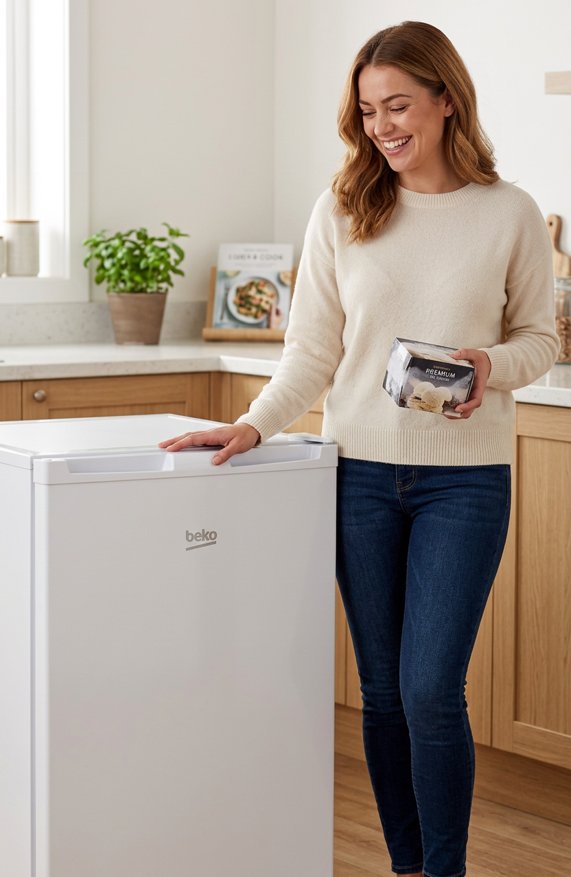 Woman holding ice cream box beside white Beko chest freezer in kitchen