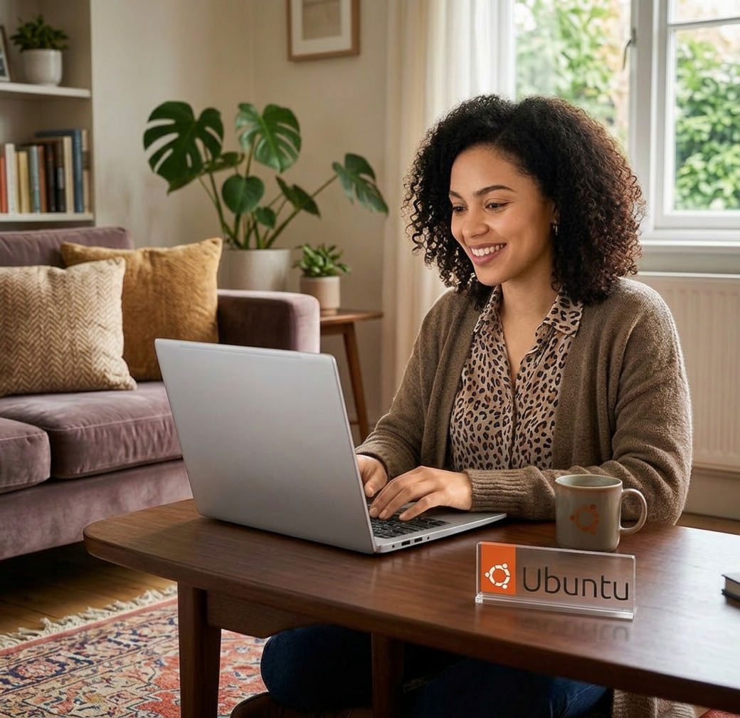 Woman using a laptop on a wooden table with Ubuntu logo and mug