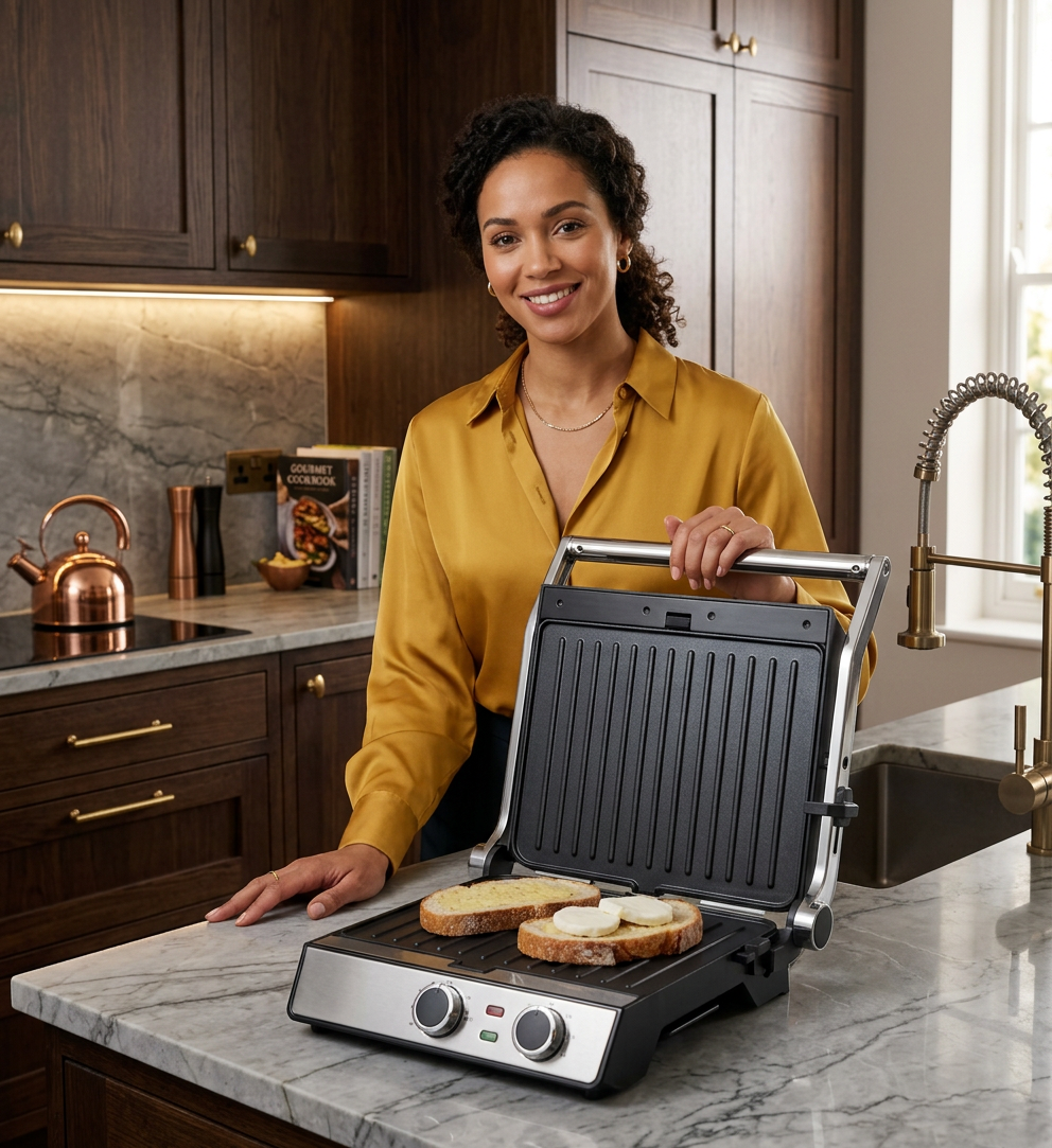 Woman using electric grill to toast bread with cheese slices