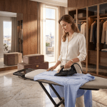 Woman ironing a blue shirt on an ironing board in a bright, modern room